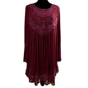 Altar'd State Embroidered Lace Babydoll Swing Dress Bell Sleeve Small Burgundy
